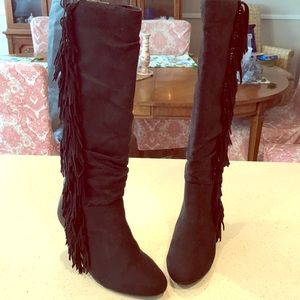 Black Leather-look Fringe Wedge Knee High Boots 9